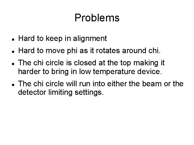 Problems Hard to keep in alignment Hard to move phi as it rotates around