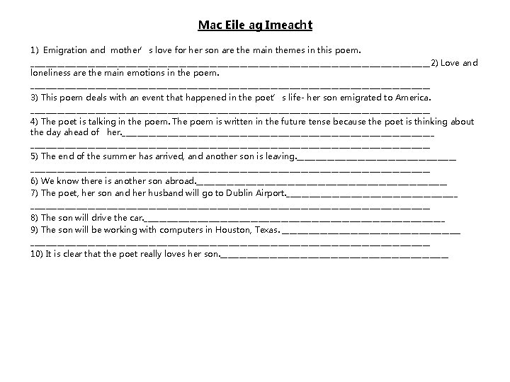 Mac Eile ag Imeacht 1) Emigration and mother’s love for her son are the