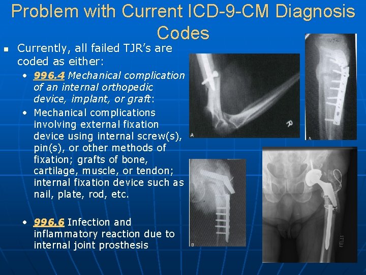 Problem with Current ICD-9 -CM Diagnosis Codes n Currently, all failed TJR’s are coded