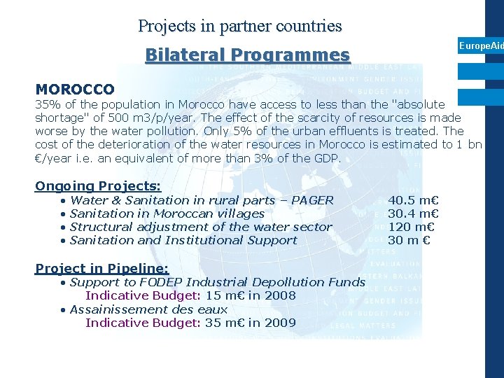 Projects in partner countries Europe. Aid Bilateral Programmes MOROCCO 35% of the population in