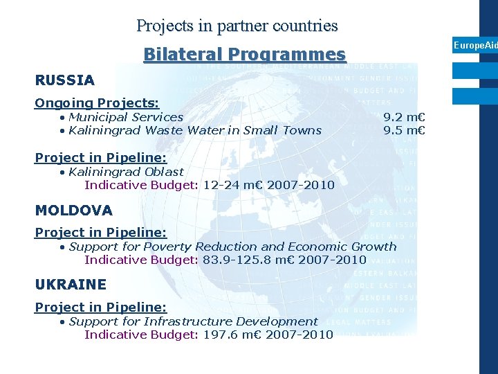 Projects in partner countries Europe. Aid Bilateral Programmes RUSSIA Ongoing Projects: • Municipal Services