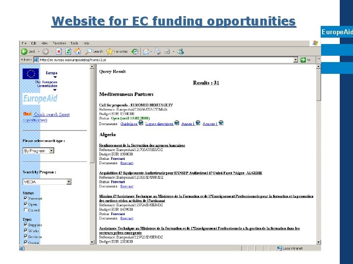 Website for EC funding opportunities Europe. Aid 