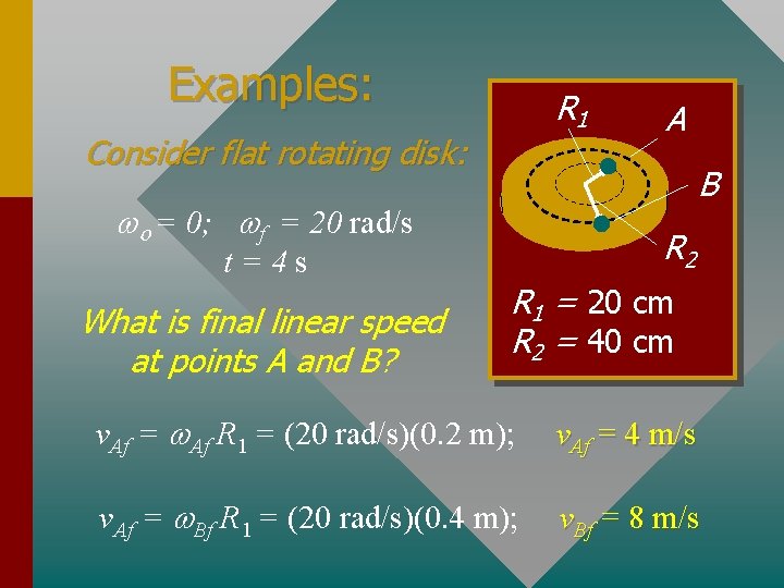 Examples: R 1 Consider flat rotating disk: B wo = 0; wf = 20