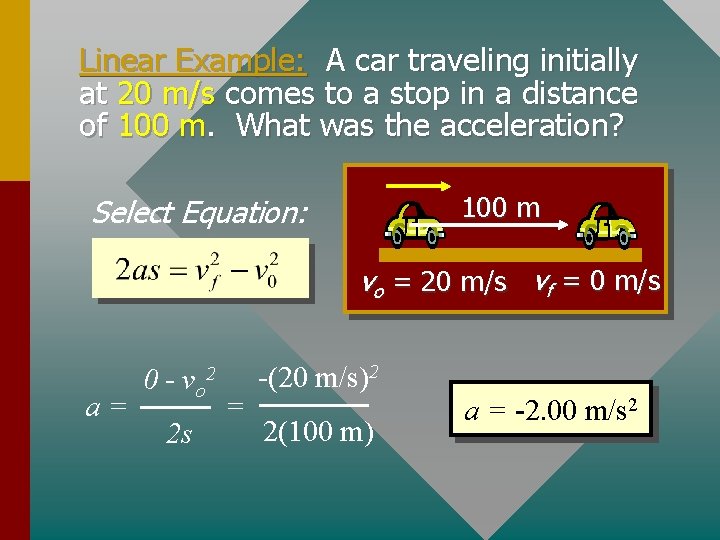 Linear Example: A car traveling initially at 20 m/s comes to a stop in