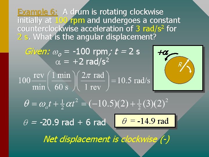 Example 6: A drum is rotating clockwise initially at 100 rpm and undergoes a