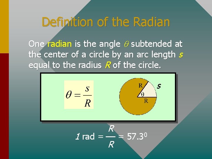 Definition of the Radian One radian is the angle subtended at the center of