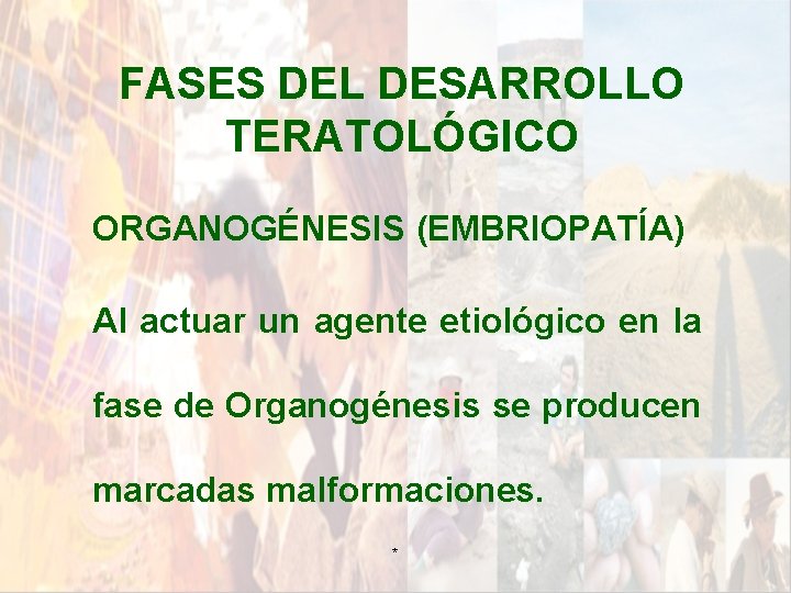 FASES DEL DESARROLLO TERATOLÓGICO ORGANOGÉNESIS (EMBRIOPATÍA) Al actuar un agente etiológico en la fase FASES DEL DESARROLLO TERATOLÓGICO ORGANOGÉNESIS (EMBRIOPATÍA) Al actuar un agente etiológico en la fase