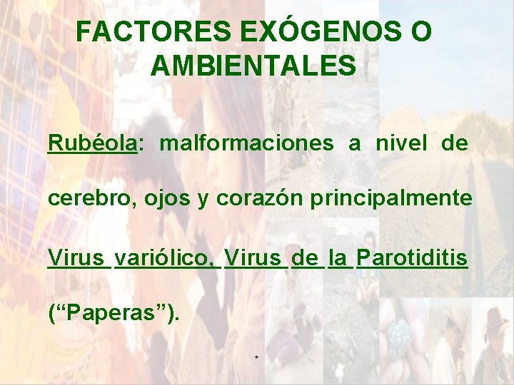 FACTORES EXÓGENOS O AMBIENTALES Rubéola: malformaciones a nivel de cerebro, ojos y corazón principalmente FACTORES EXÓGENOS O AMBIENTALES Rubéola: malformaciones a nivel de cerebro, ojos y corazón principalmente