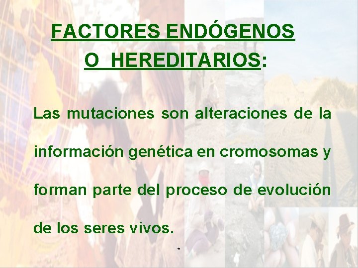 FACTORES ENDÓGENOS O HEREDITARIOS: Las mutaciones son alteraciones de la información genética en cromosomas FACTORES ENDÓGENOS O HEREDITARIOS: Las mutaciones son alteraciones de la información genética en cromosomas