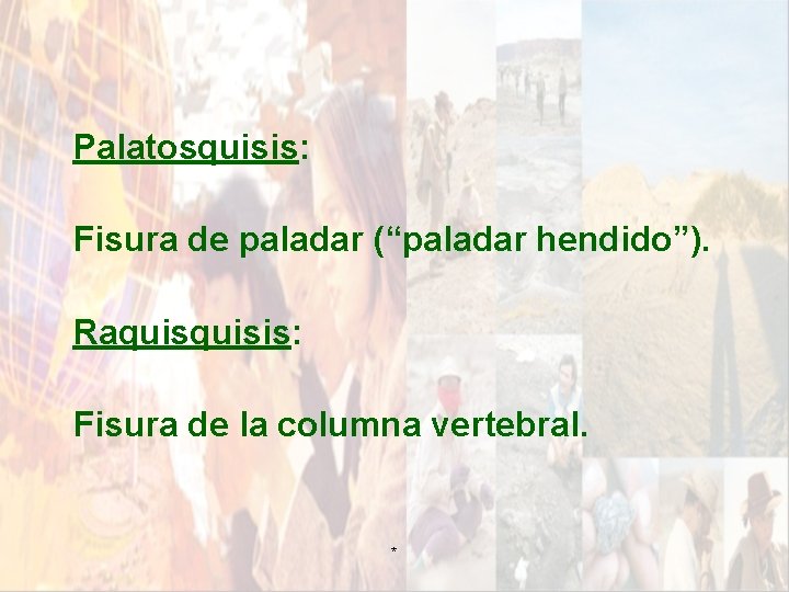 Palatosquisis: Fisura de paladar (“paladar hendido”). Raquisis: Fisura de la columna vertebral. * Palatosquisis: Fisura de paladar (“paladar hendido”). Raquisis: Fisura de la columna vertebral. *