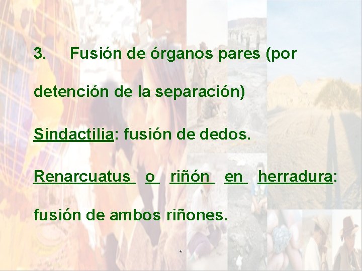 3. Fusión de órganos pares (por detención de la separación) Sindactilia: fusión de dedos. 3. Fusión de órganos pares (por detención de la separación) Sindactilia: fusión de dedos.