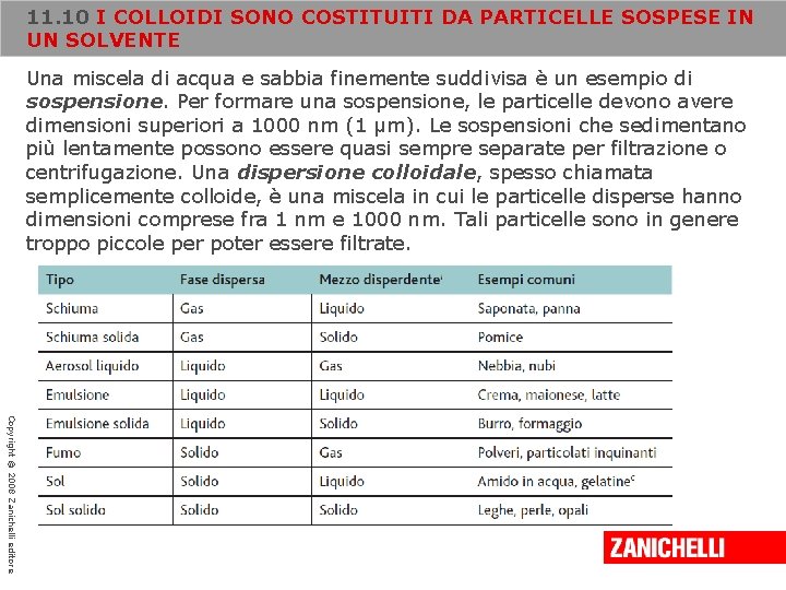 11. 10 I COLLOIDI SONO COSTITUITI DA PARTICELLE SOSPESE IN UN SOLVENTE Una miscela