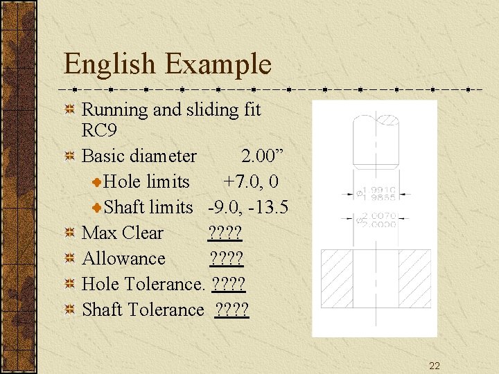 English Example Running and sliding fit RC 9 Basic diameter 2. 00” Hole limits