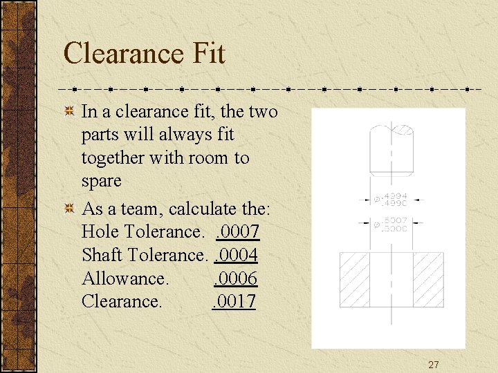 Clearance Fit In a clearance fit, the two parts will always fit together with Clearance Fit In a clearance fit, the two parts will always fit together with