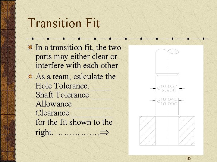 Transition Fit In a transition fit, the two parts may either clear or interfere Transition Fit In a transition fit, the two parts may either clear or interfere