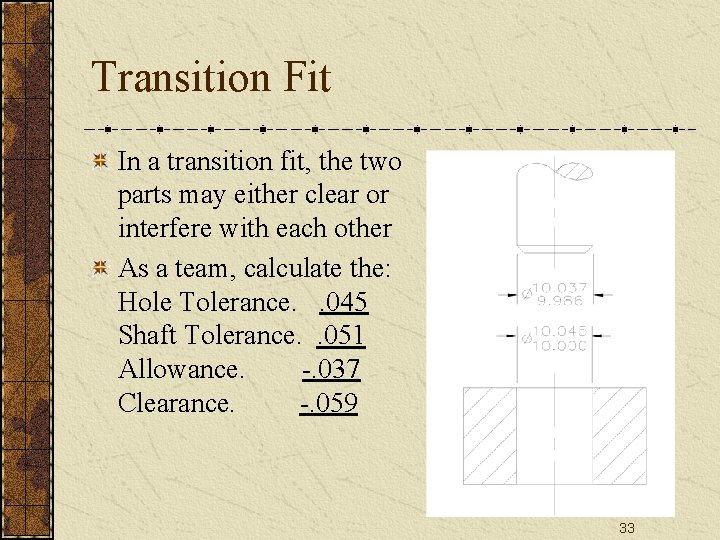 Transition Fit In a transition fit, the two parts may either clear or interfere Transition Fit In a transition fit, the two parts may either clear or interfere
