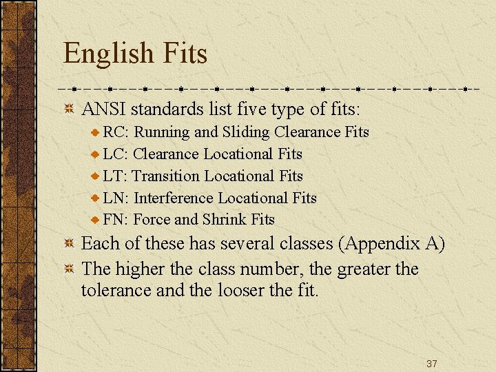 English Fits ANSI standards list five type of fits: RC: Running and Sliding Clearance