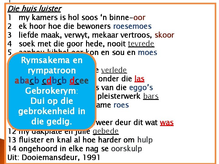 1 Die huis luister 1 my kamers is hol soos ‘n binne-oor 2 ek