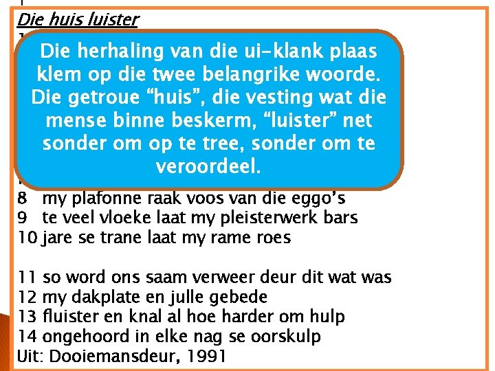 1 Die huis luister 1 my kamers is hol soos ‘n binne-oor herhaling die