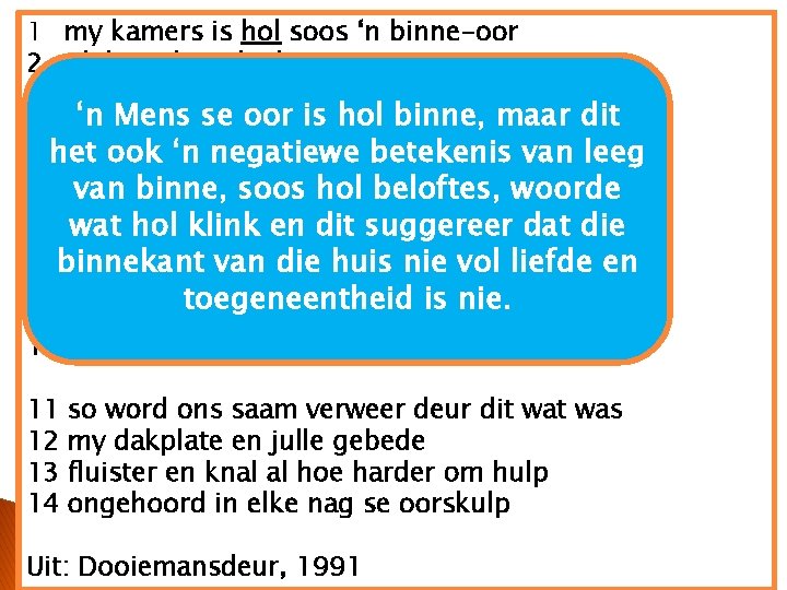 1 my kamers is hol soos ‘n binne-oor 2 ek hoor hoe die bewoners