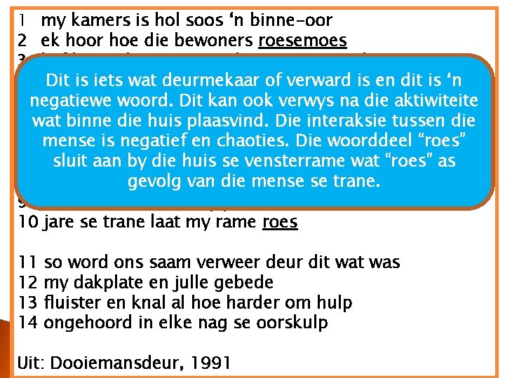 1 my kamers is hol soos ‘n binne-oor 2 ek hoor hoe die bewoners