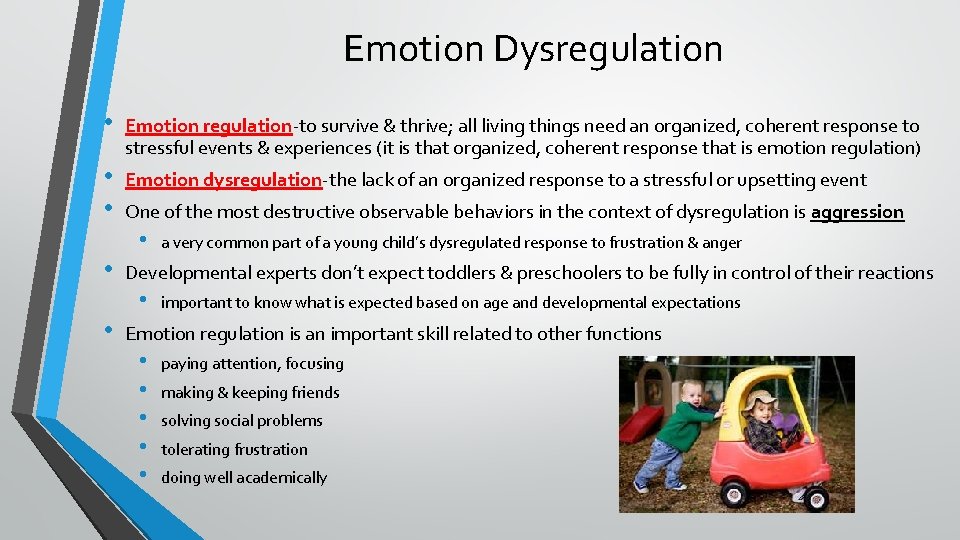 Emotion Dysregulation • Emotion regulation-to survive & thrive; all living things need an organized,