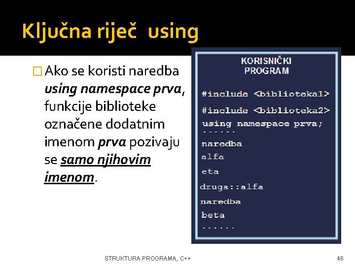 Ključna riječ using �Ako se koristi naredba using namespace prva, funkcije biblioteke označene dodatnim