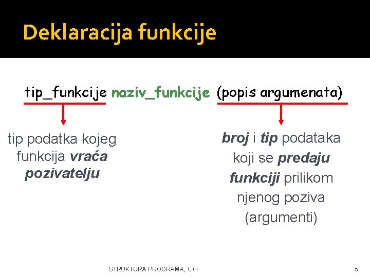 Deklaracija funkcije tip_funkcije naziv_funkcije (popis argumenata) tip podatka kojeg funkcija vraća pozivatelju STRUKTURA PROGRAMA,