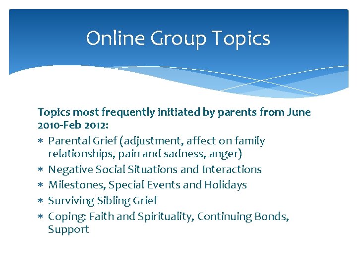 Online Group Topics most frequently initiated by parents from June 2010 -Feb 2012: Parental Online Group Topics most frequently initiated by parents from June 2010 -Feb 2012: Parental