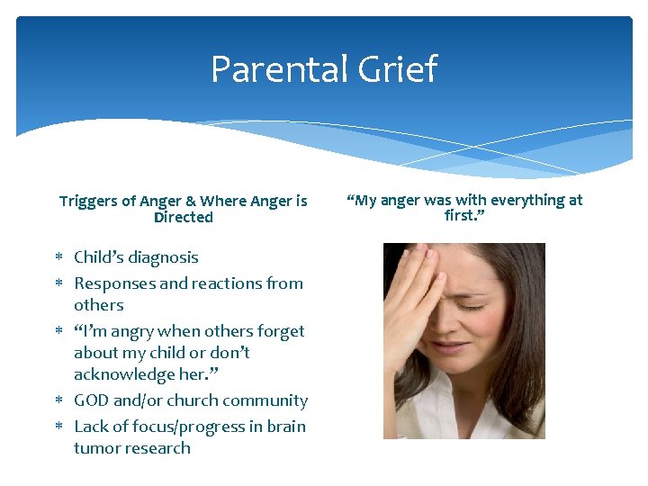 Parental Grief Triggers of Anger & Where Anger is Directed Child’s diagnosis Responses and Parental Grief Triggers of Anger & Where Anger is Directed Child’s diagnosis Responses and