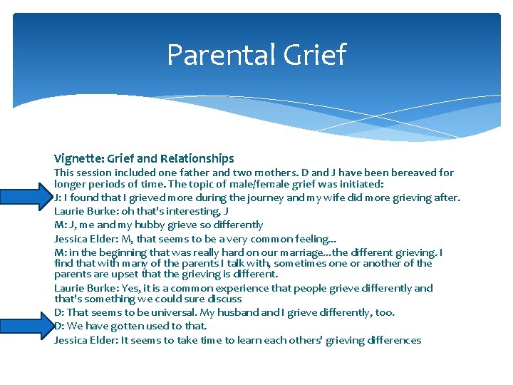 Parental Grief Vignette: Grief and Relationships This session included one father and two mothers. Parental Grief Vignette: Grief and Relationships This session included one father and two mothers.