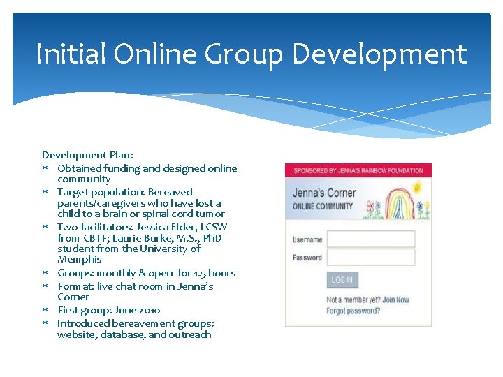 Initial Online Group Development Plan: Obtained funding and designed online community Target population: Bereaved Initial Online Group Development Plan: Obtained funding and designed online community Target population: Bereaved