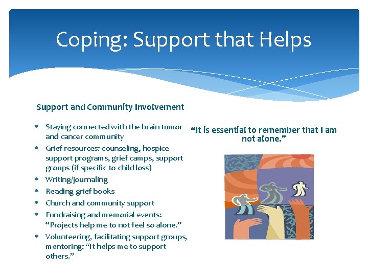 Coping: Support that Helps Support and Community Involvement Staying connected with the brain tumor Coping: Support that Helps Support and Community Involvement Staying connected with the brain tumor
