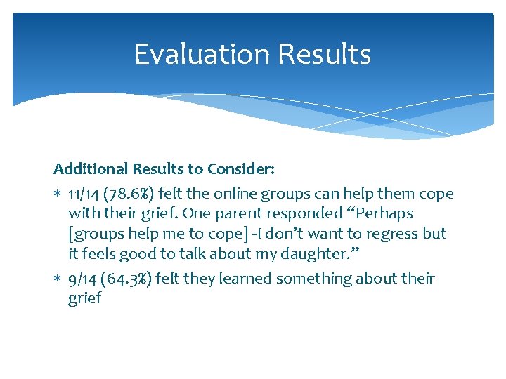 Evaluation Results Additional Results to Consider: 11/14 (78. 6%) felt the online groups can Evaluation Results Additional Results to Consider: 11/14 (78. 6%) felt the online groups can