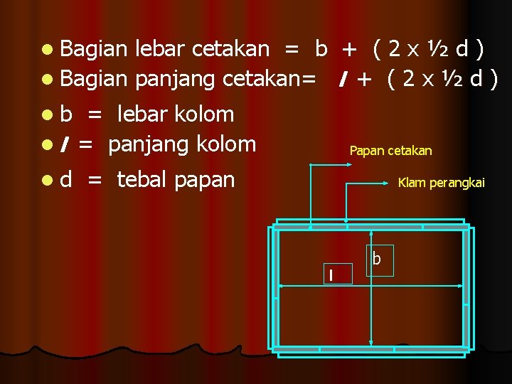 l Bagian lebar cetakan = b + ( 2 x ½ d ) l