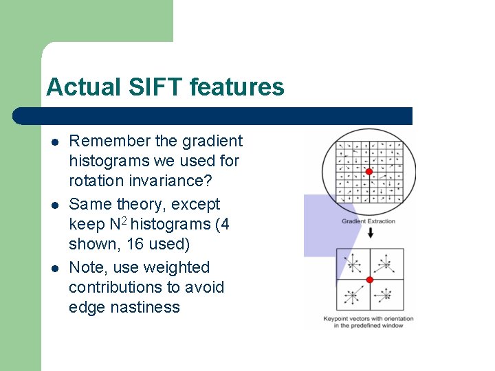 Actual SIFT features l l l Remember the gradient histograms we used for rotation