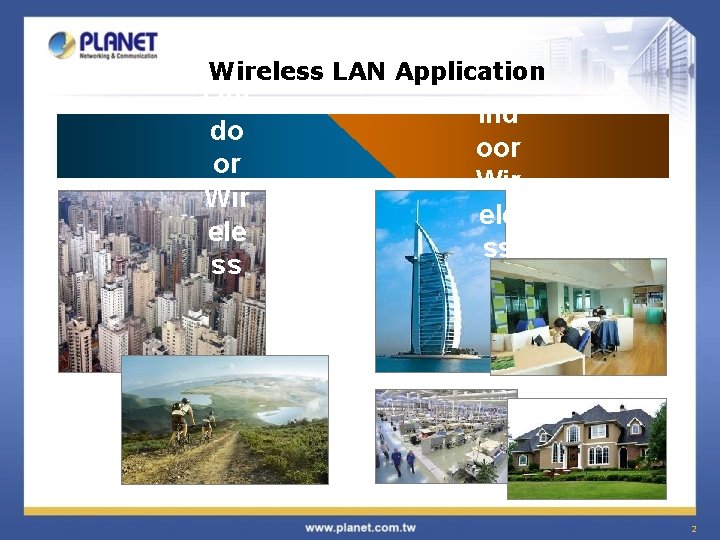 Wireless LAN Application Out do or Wir ele ss Ind oor Wir ele ss