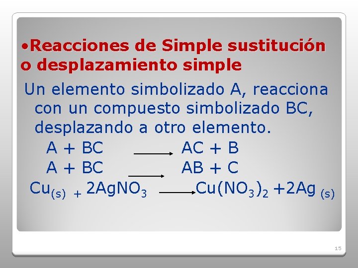 • Reacciones de Simple sustitución o desplazamiento simple Un elemento simbolizado A, reacciona