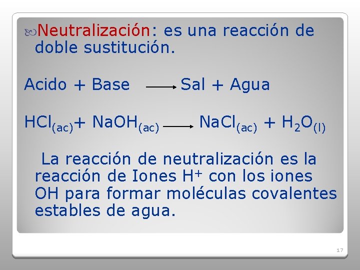  Neutralización: es una reacción de doble sustitución. Acido + Base HCl(ac)+ Na. OH(ac)