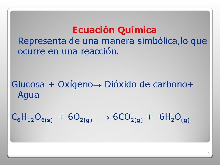 Ecuación Química Representa de una manera simbólica, lo que ocurre en una reacción. Glucosa
