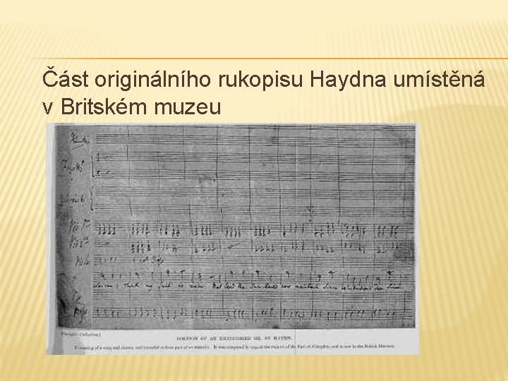 Část originálního rukopisu Haydna umístěná v Britském muzeu 