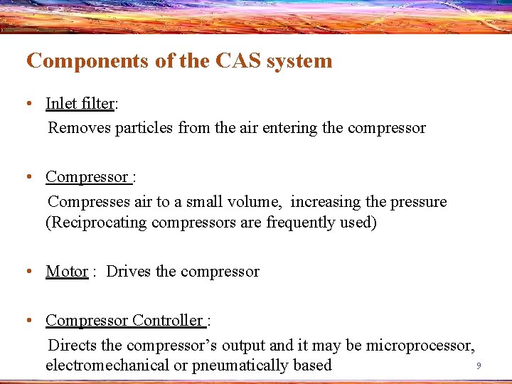 Components of the CAS system • Inlet filter: Removes particles from the air entering