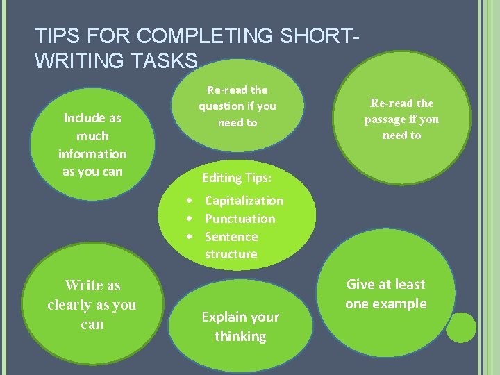 TIPS FOR COMPLETING SHORTWRITING TASKS Include as much information as you can Re-read the TIPS FOR COMPLETING SHORTWRITING TASKS Include as much information as you can Re-read the