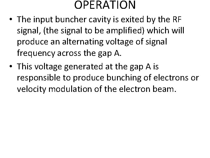 OPERATION • The input buncher cavity is exited by the RF signal, (the signal