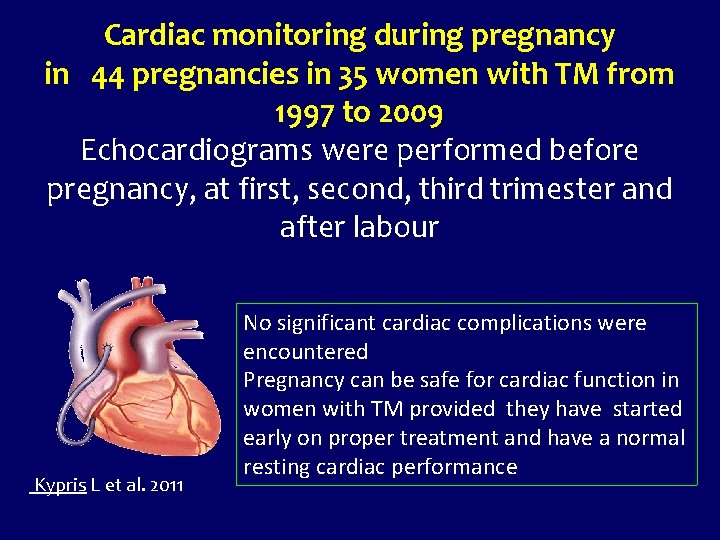 Cardiac monitoring during pregnancy in 44 pregnancies in 35 women with TM from 1997