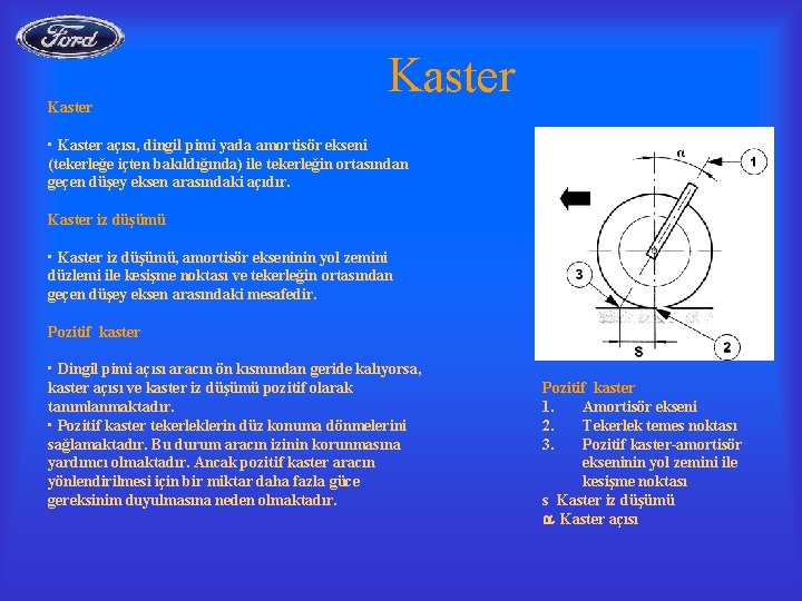 Kaster • Kaster açısı, dingil pimi yada amortisör ekseni (tekerleğe içten bakıldığında) ile tekerleğin