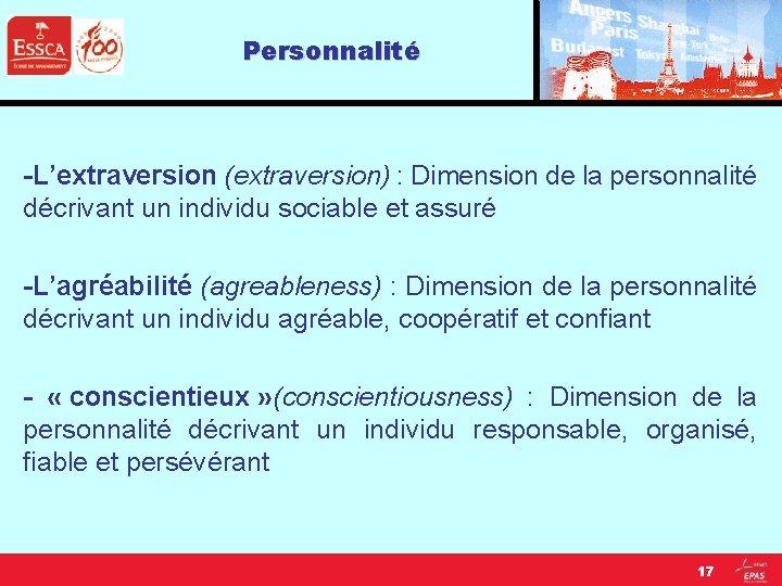 Personnalité -L’extraversion (extraversion) : Dimension de la personnalité décrivant un individu sociable et assuré