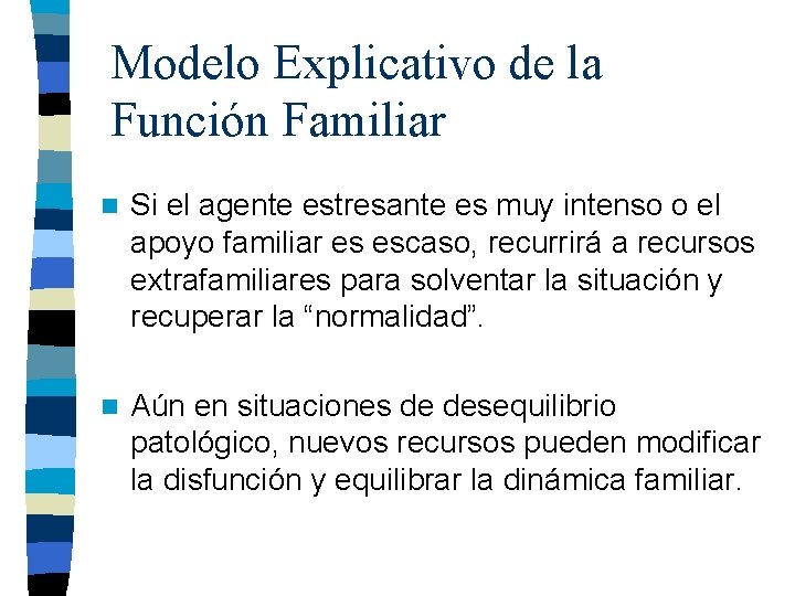 Modelo Explicativo de la Función Familiar n Si el agente estresante es muy intenso