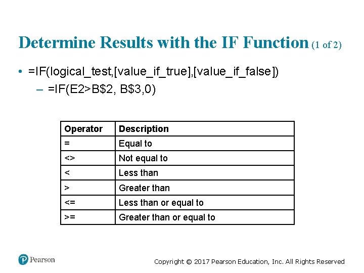Determine Results with the IF Function (1 of 2) • =IF(logical_test, [value_if_true], [value_if_false]) –