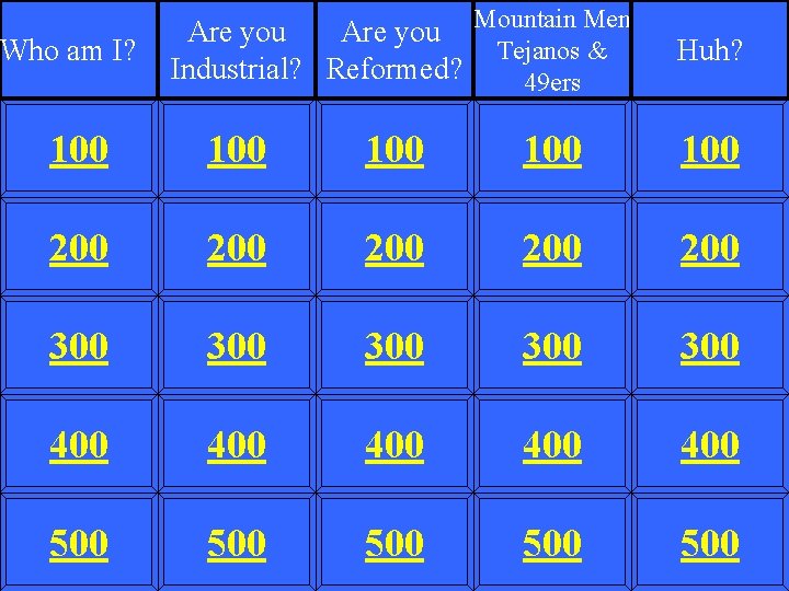 Who am I? Are you Mountain Men Tejanos & Industrial? Reformed? 49 ers Huh? Who am I? Are you Mountain Men Tejanos & Industrial? Reformed? 49 ers Huh?